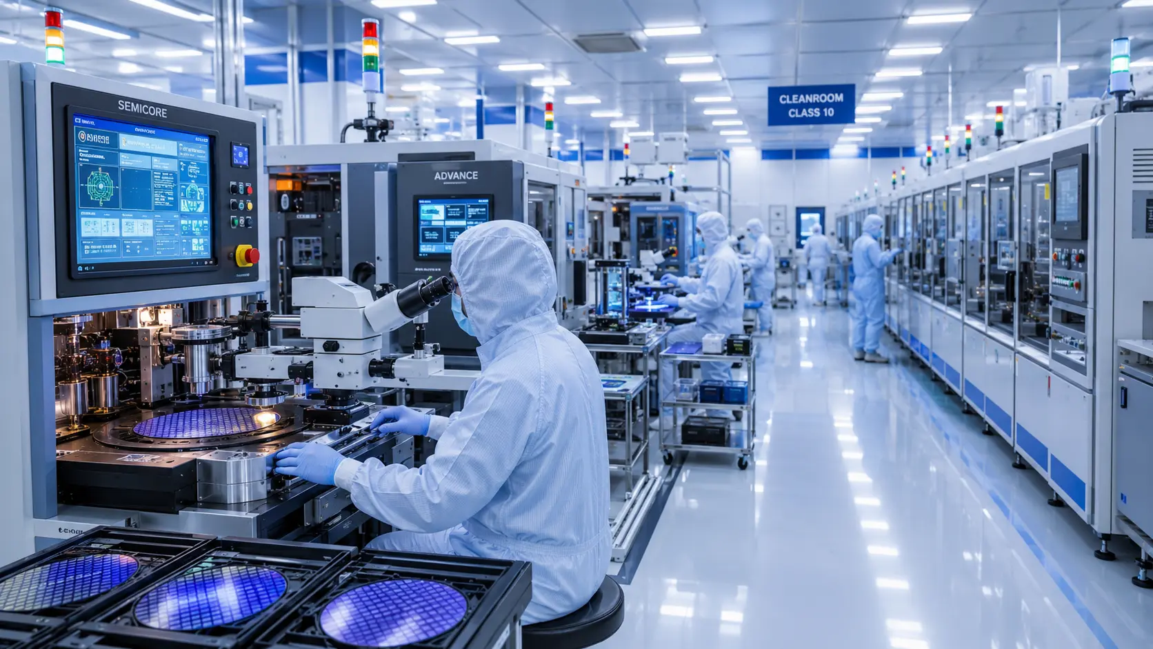 Modern automated semiconductor component manufacturing cleanroom facility with high-tech equipment.