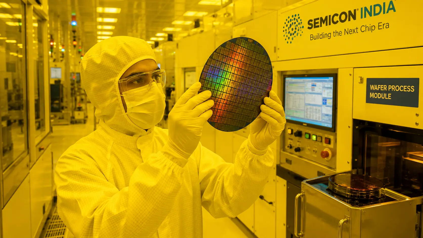 A modern cleanroom environment inside an Indian semiconductor fabrication facility showing an engineer in a white bunny suit handling a silicon wafer under specialized yellow lighting conditions.