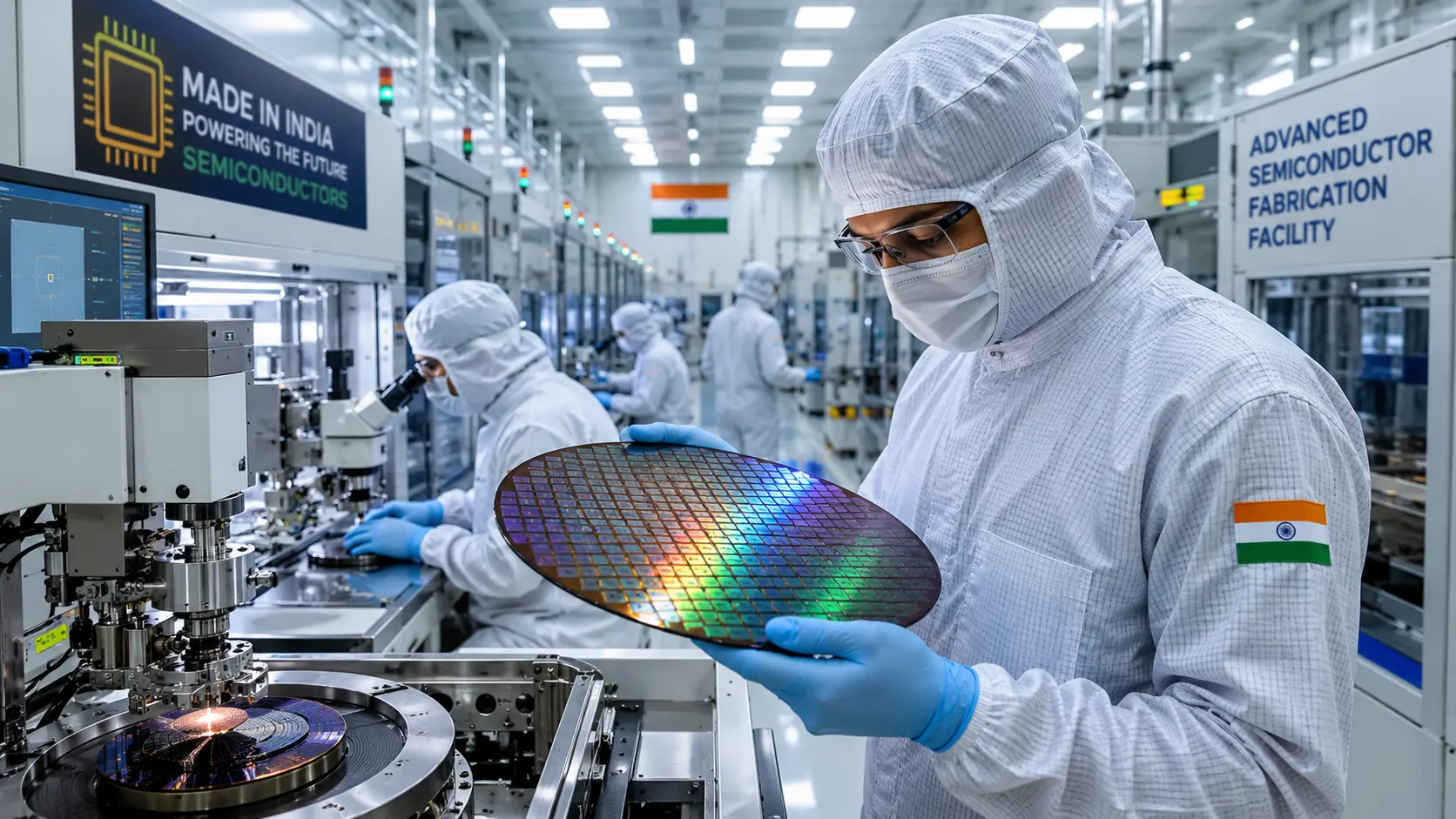 A modern semiconductor cleanroom fabrication facility in India with engineers in protective suits working on silicon wafers.