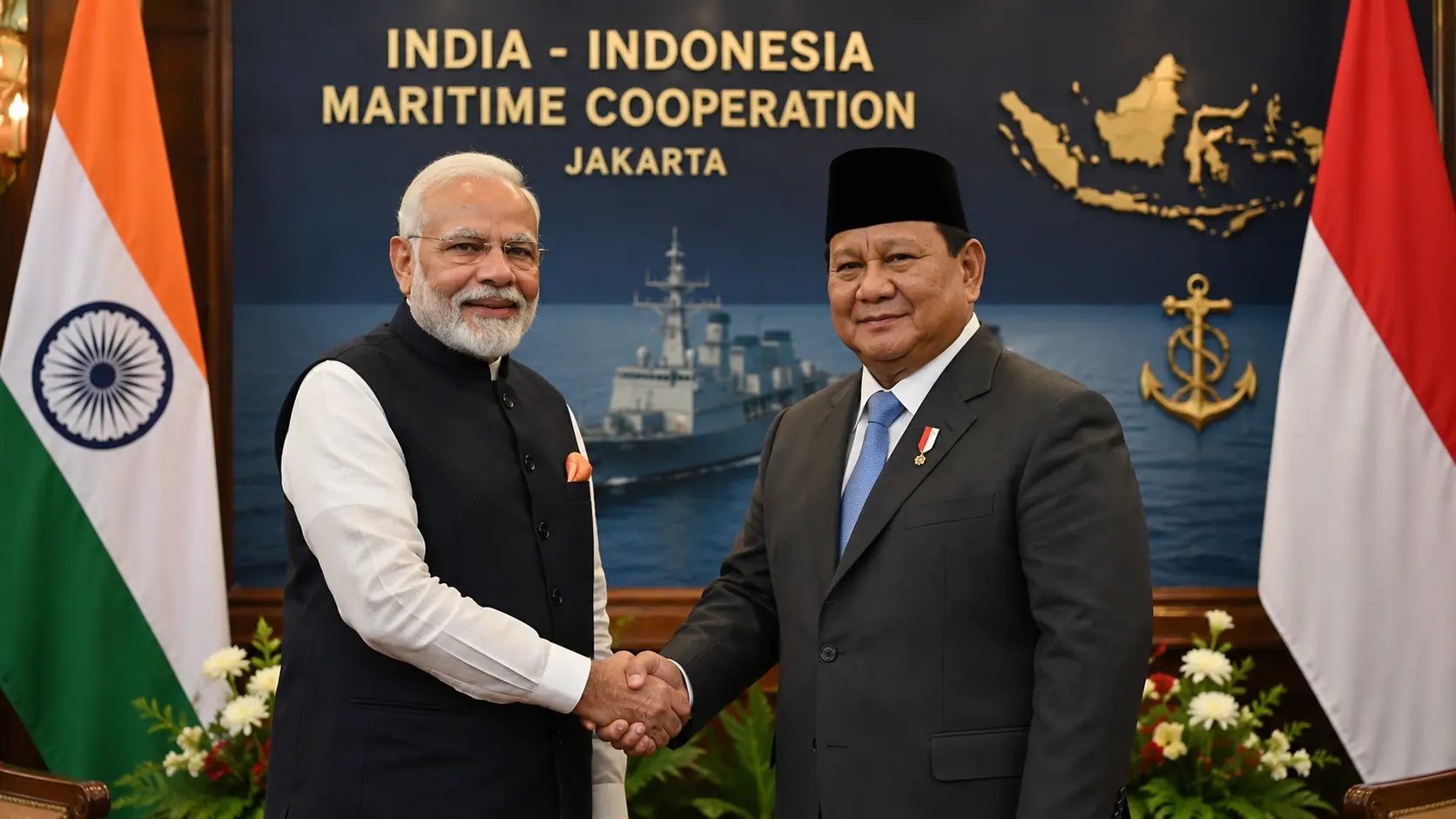 Prime Minister Narendra Modi shaking hands with Indonesian leadership, symbolizing bilateral maritime cooperation in Jakarta.