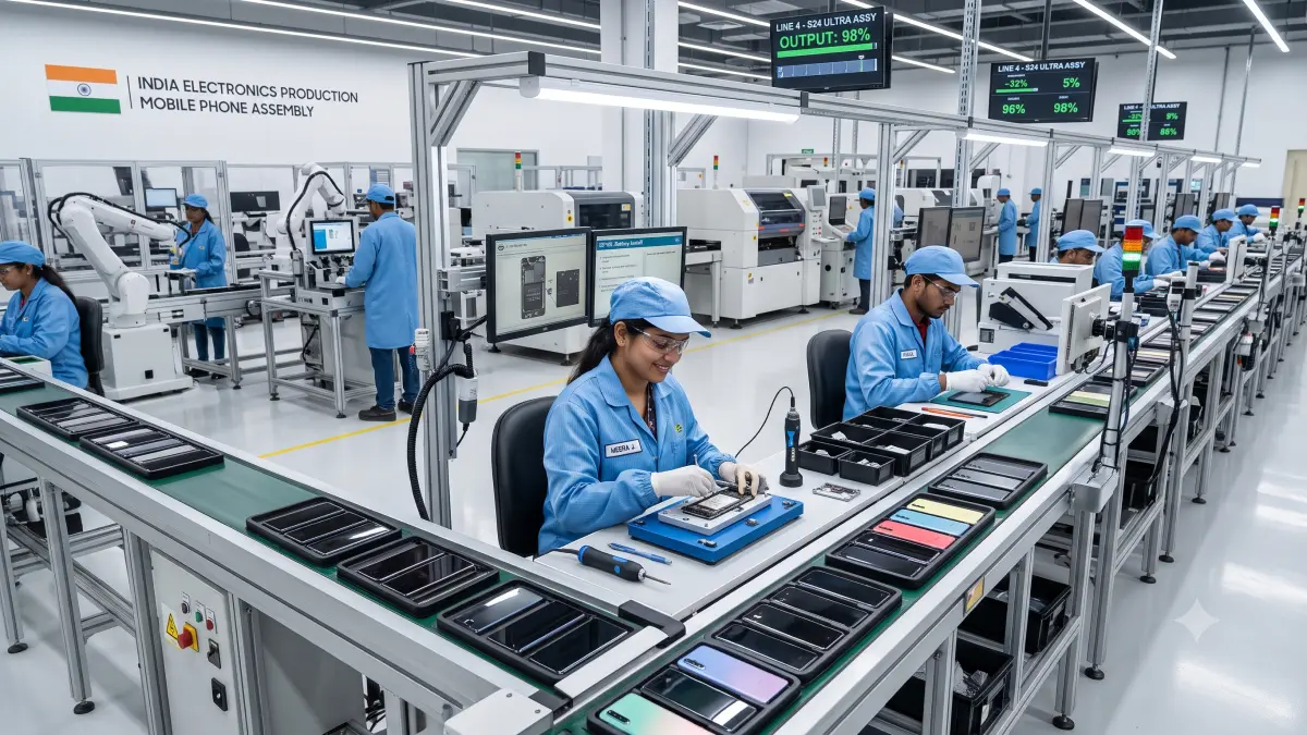 Modern electronics assembly line with technicians assembling smartphones in a state-of-the-art Indian manufacturing facility.