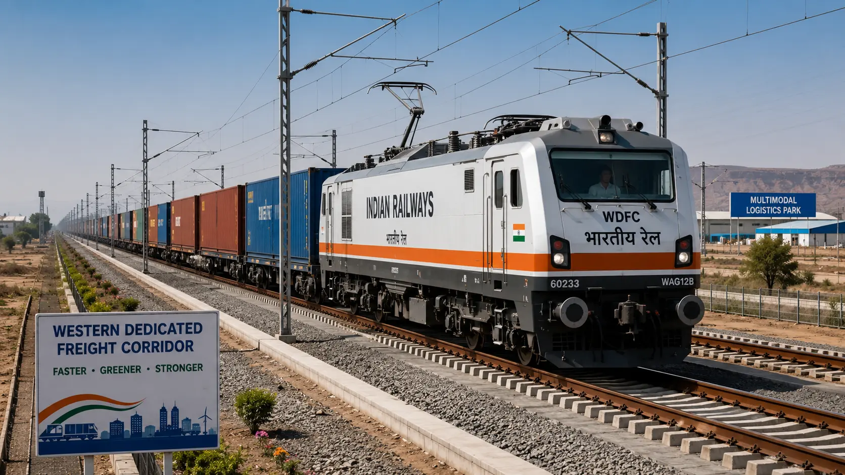 A modern high-speed electric freight train running along the Western Dedicated Freight Corridor in India.