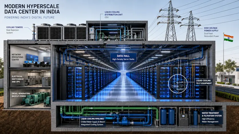 An architectural cross-section of a modern hyperscale data center facility in India, showing long corridors of server racks illuminated by blue LED indicator lights, integrated liquid cooling pipelines, and overhead high-voltage power lines.