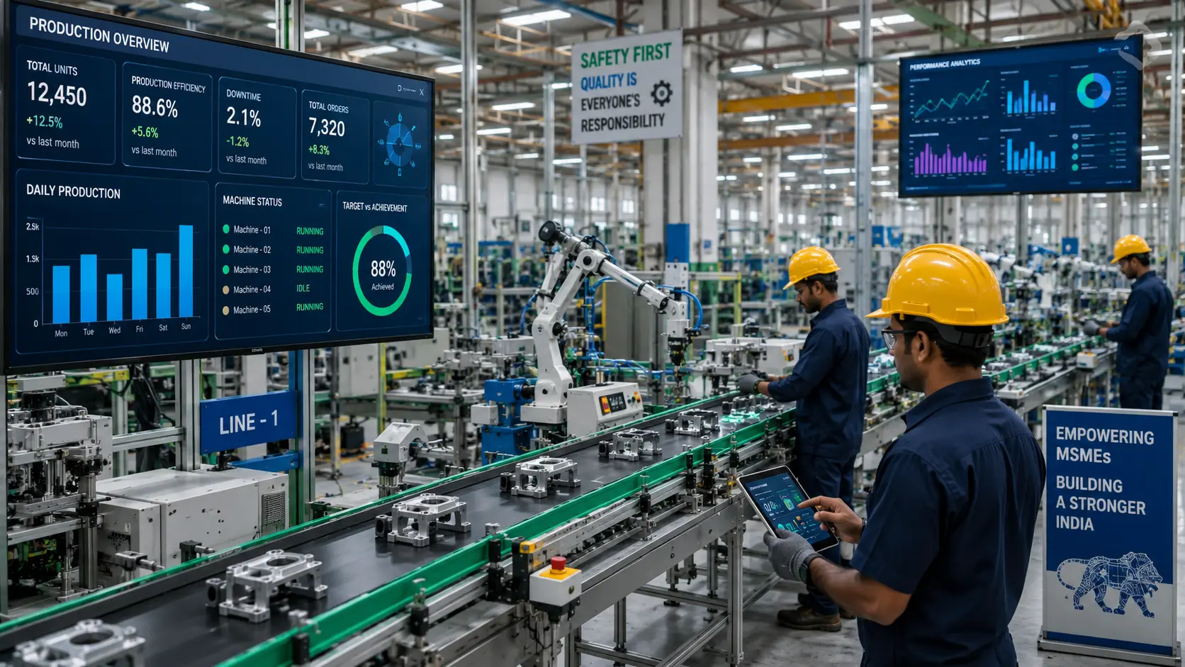 A modern small-scale Indian manufacturing factory floor utilizing automated conveyor belts and digital monitoring screens.