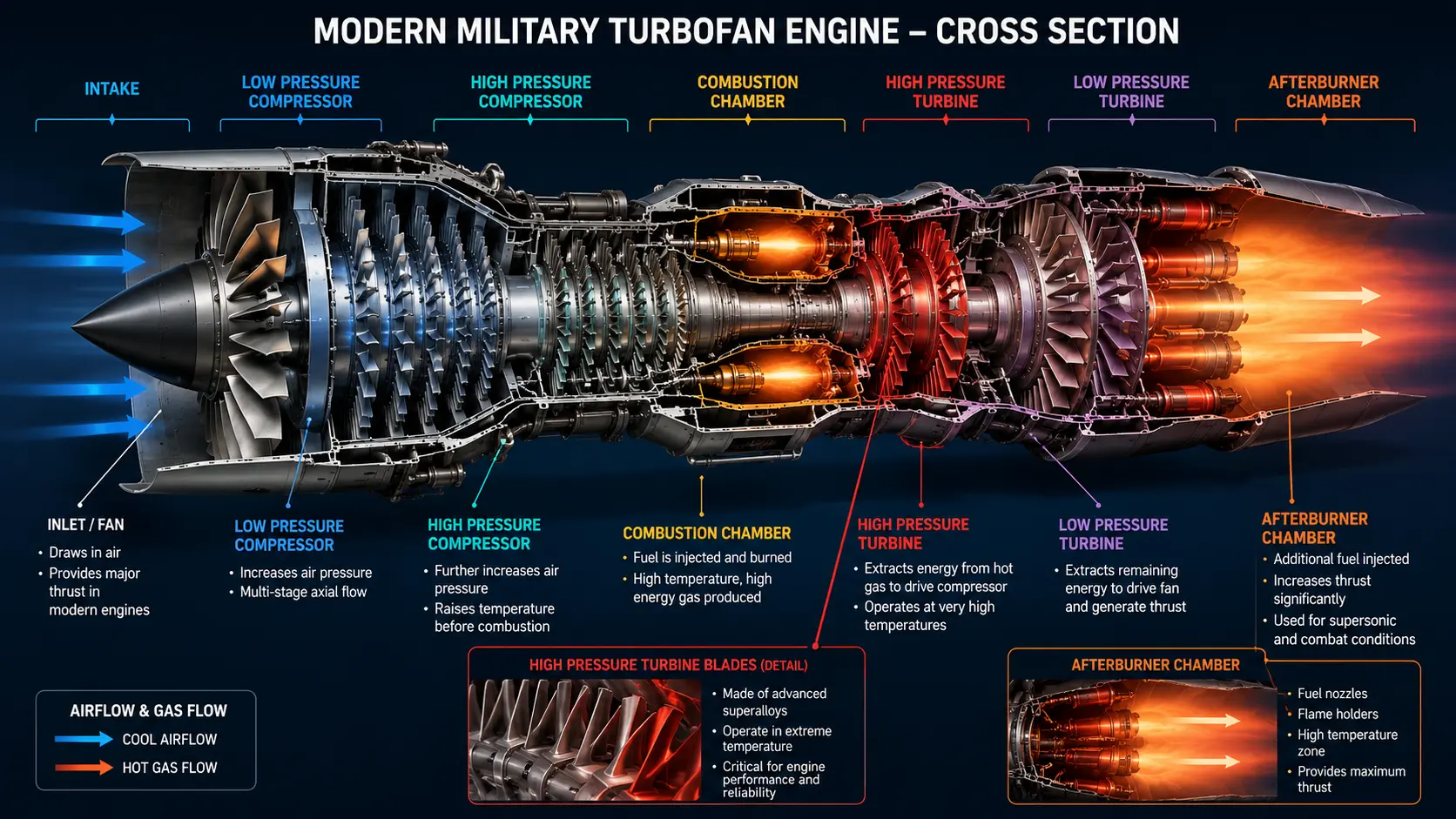 Cross-section diagram of a modern military turbofan engine showing high-pressure turbine blades and afterburner chamber