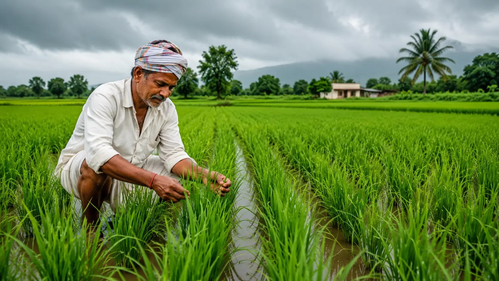A Indian farmer inspecting green Kharif rice crops in a well-irrigated field during the southwest monsoon season.