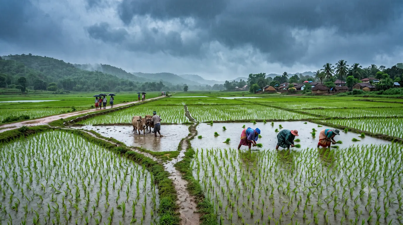 Paddy agricultural field in India filled with rainwater during the active July 2026 southwest monsoon season.