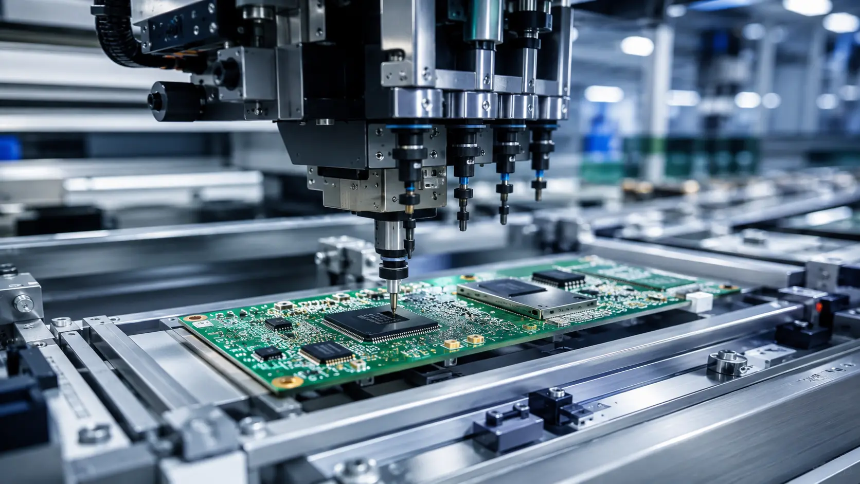 Close-up photograph of an automated surface mount technology (SMT) assembly line precision-placing microchips onto a green smartphone printed circuit board (PCB) inside a cleanroom environment.