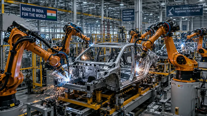 An automated automotive factory floor in India featuring multi-axis robotic arms welding a car chassis with precise sparks.