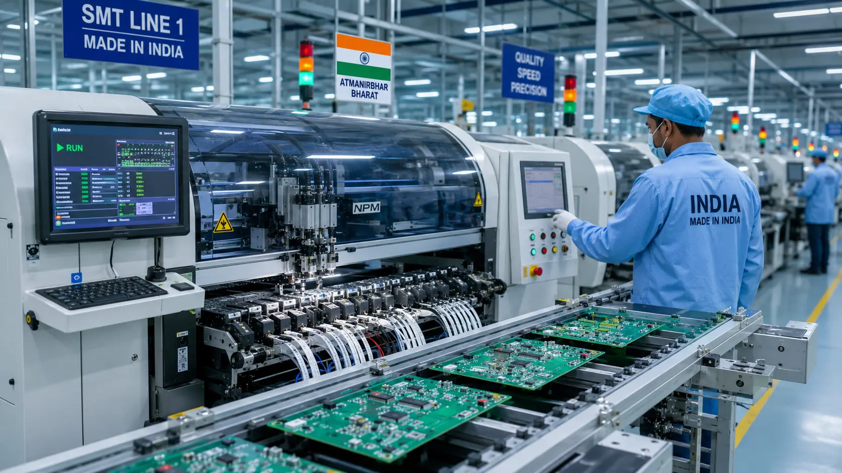 High-tech automated surface-mount technology (SMT) circuit board manufacturing line in an Indian electronics factory.