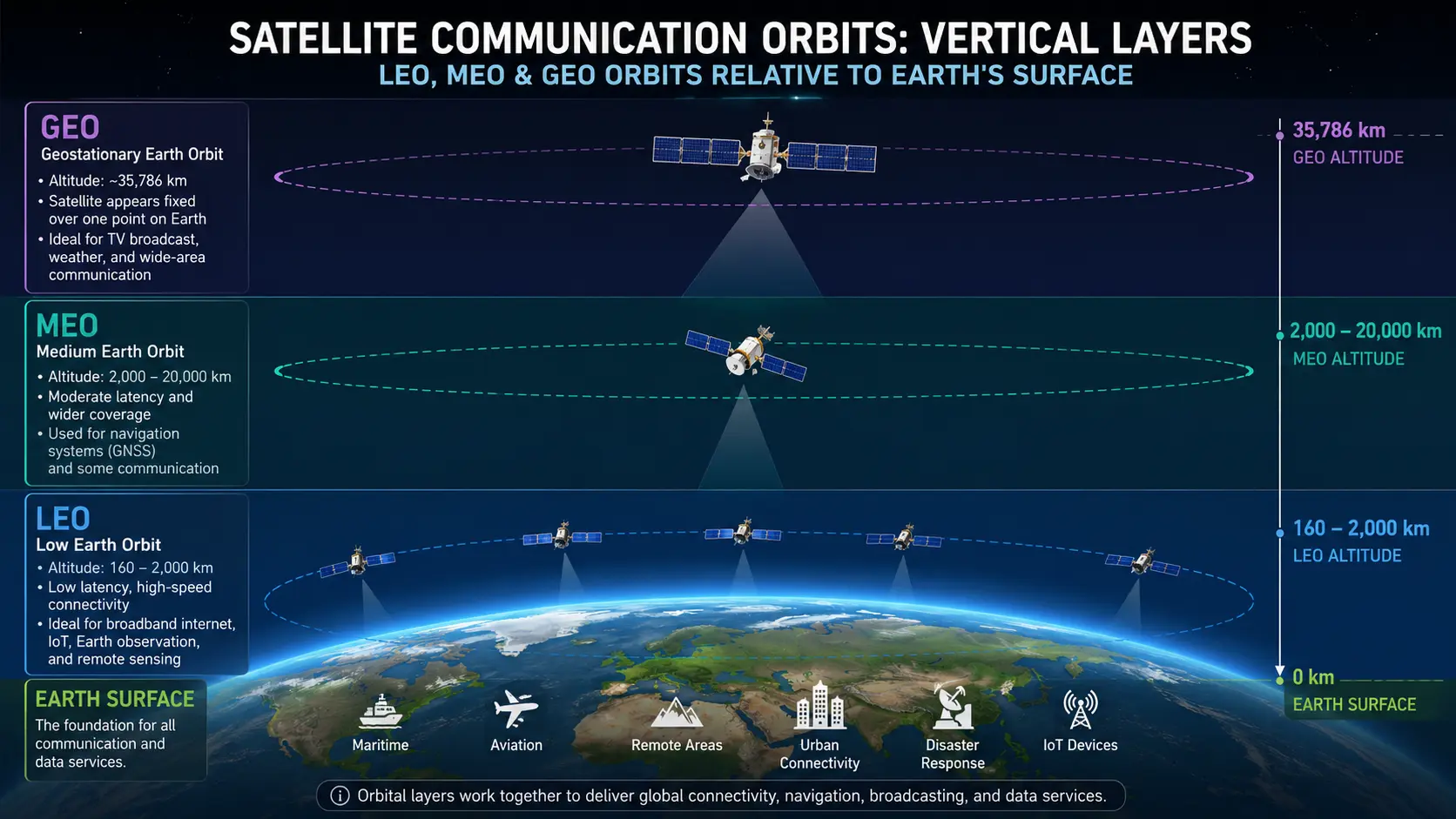 Diagram showing the vertical layers of LEO, MEO, and GEO satellite communication orbits relative to the Earth's surface.