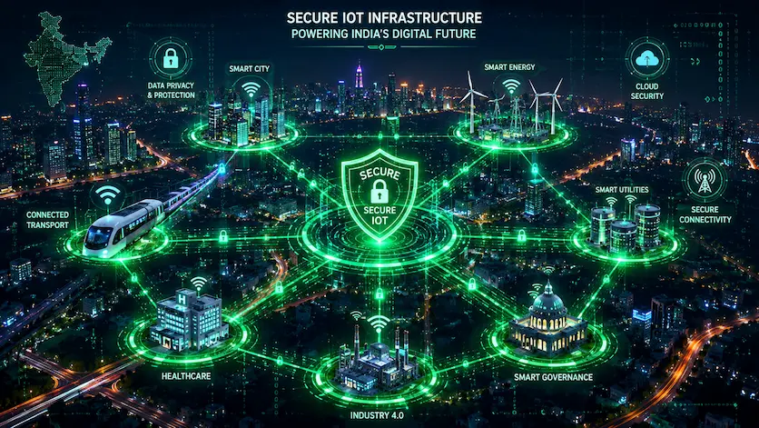 A futuristic, abstract visualization of interconnected digital city nodes showing green glowing data streams, representing secure IoT infrastructure and smart city technology in India.