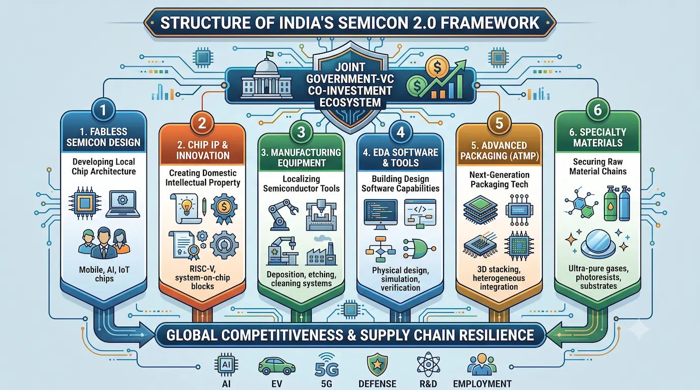 Infographic showing the structure of India's Semicon 2.0 framework, outlining the six value chain pillars—Fabless design, IP, Equipment, EDA software, Advanced Packaging, and Materials—converging under a joint Government-VC co-investment ecosystem.