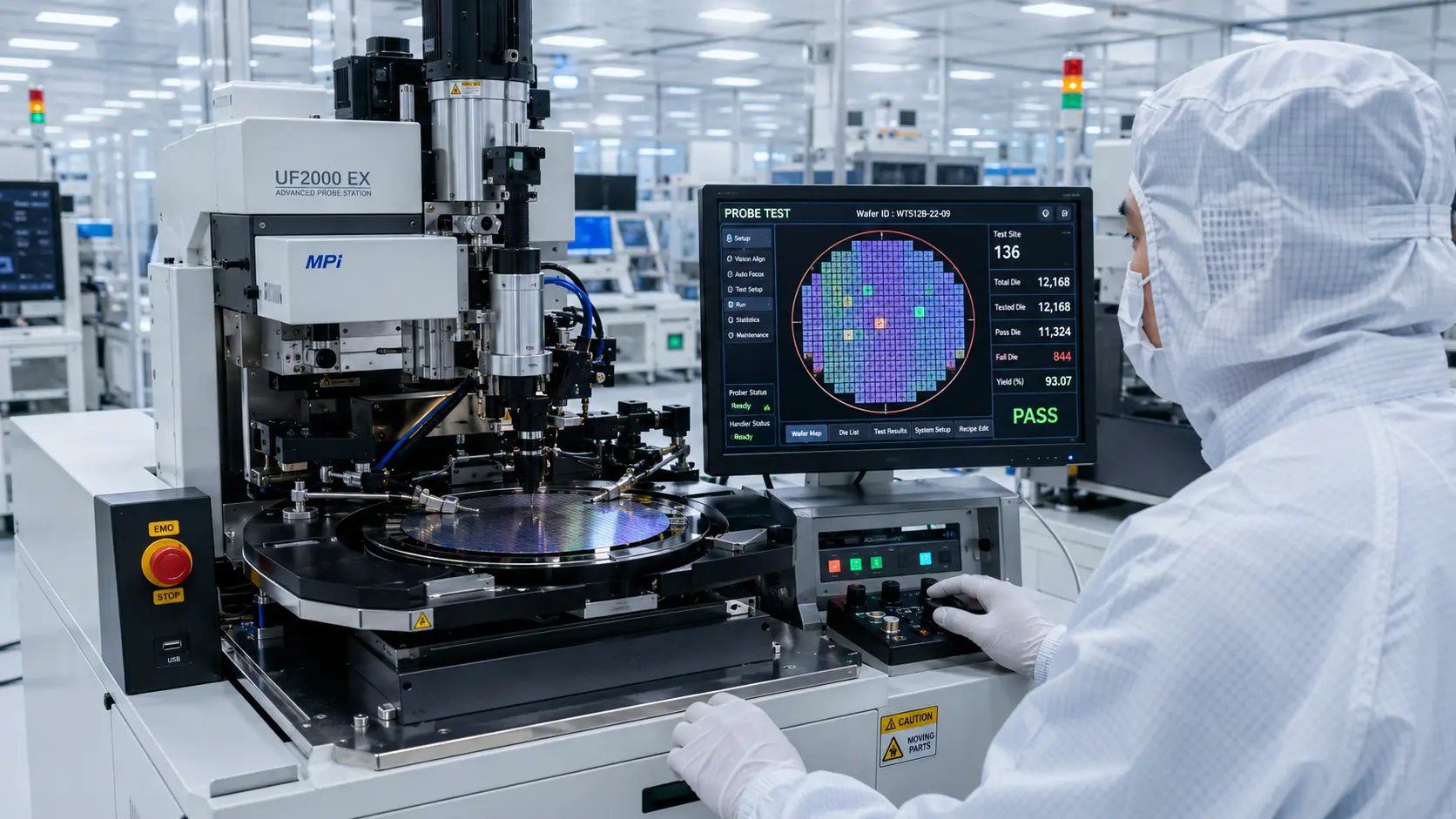 Cleanroom technician operating an automated wafer probe testing station inside a high-tech semiconductor packaging facility.
