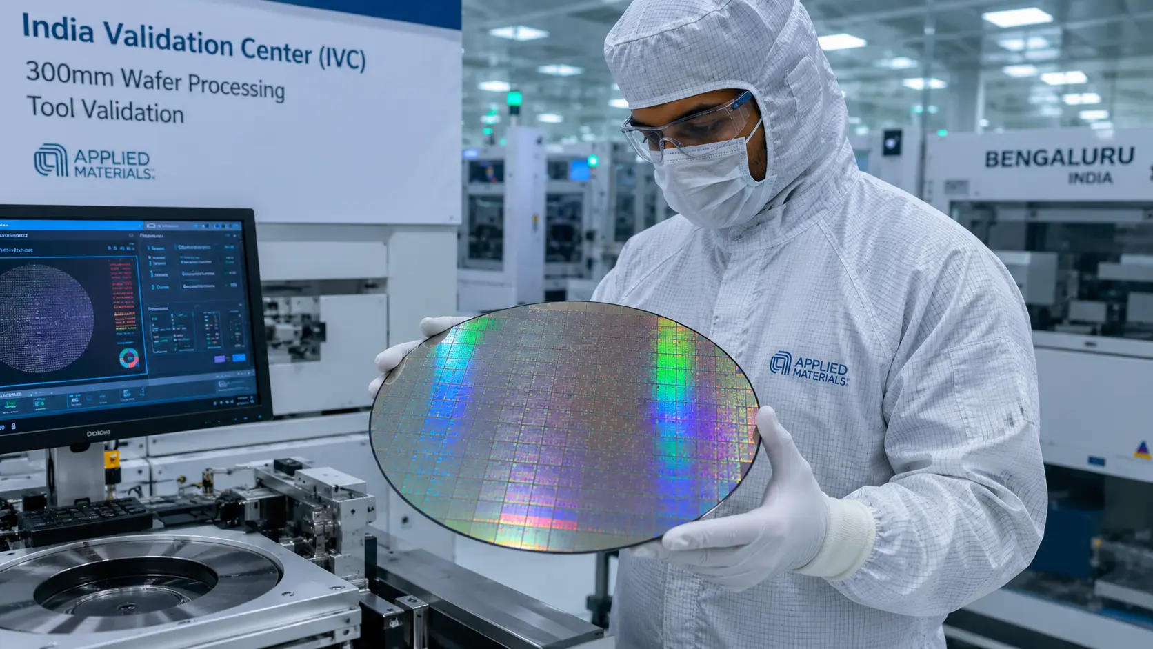 A engineer handling a high-precision 300mm silicon wafer inside a cleanroom environment for semiconductor manufacturing tool validation in Bengaluru.