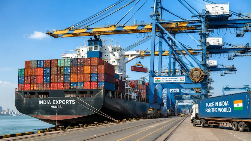 Container ship loaded with export cargo docked at a modern Indian seaport with cargo cranes operating under a clear sky.