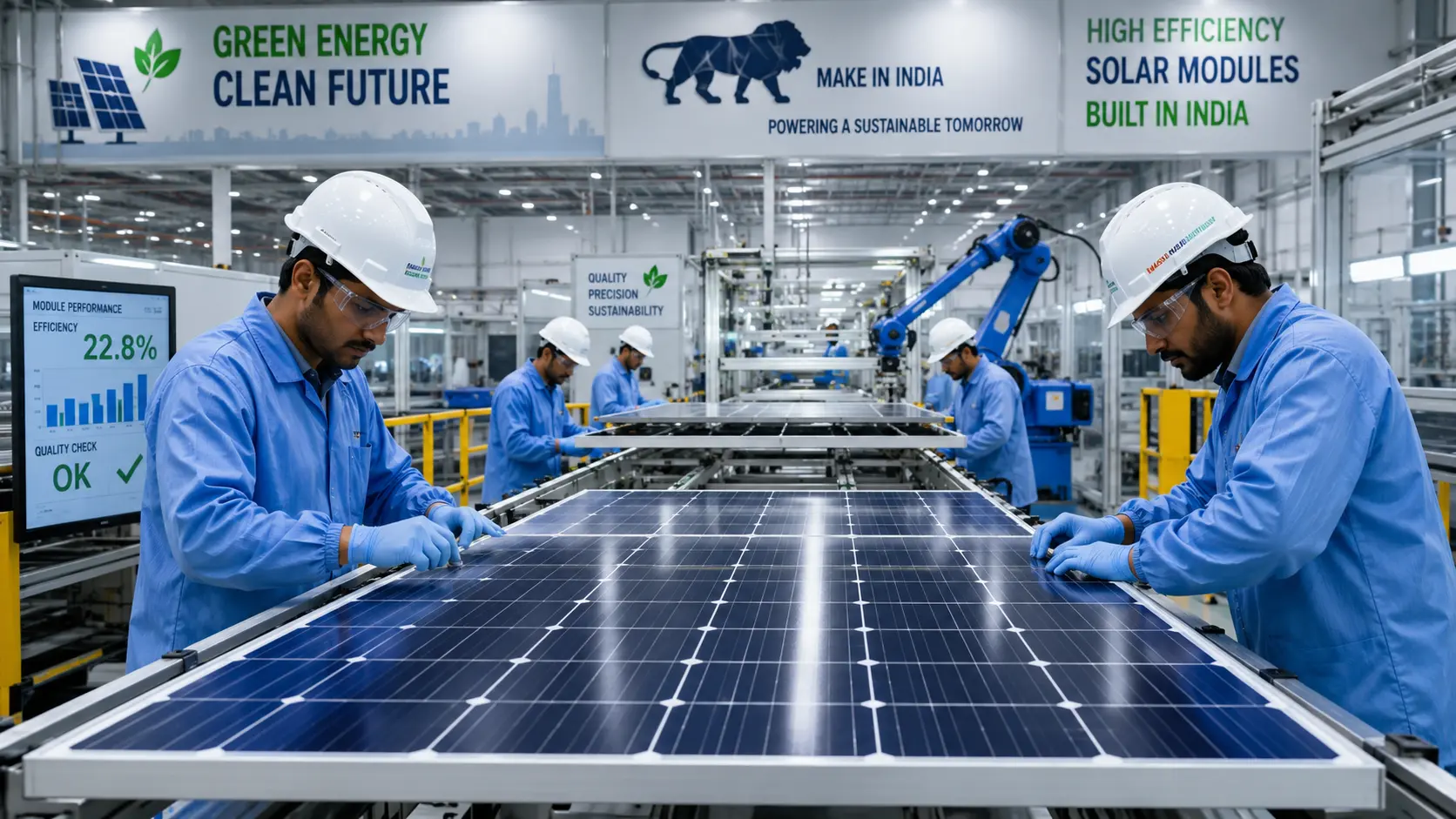 Technicians inspecting and assembling high-efficiency photovoltaic solar panels inside a modern Indian manufacturing facility.