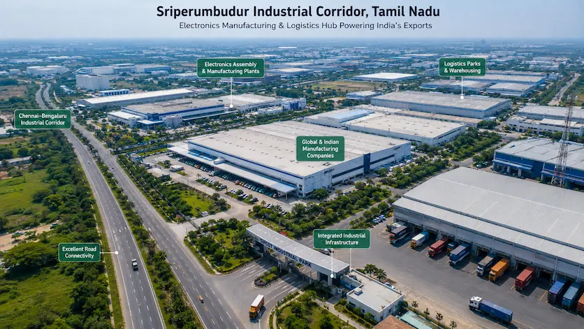 Aerial view of Sriperumbudur industrial corridor in Tamil Nadu featuring electronics assembly plants and logistics parks