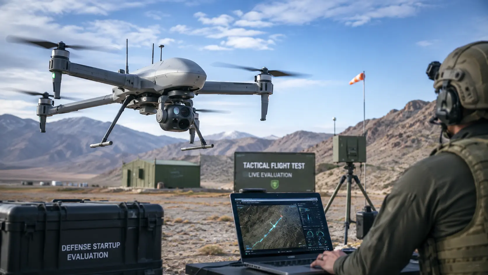 Autonomous surveillance drone performing a tactical flight test during defense startup evaluation.