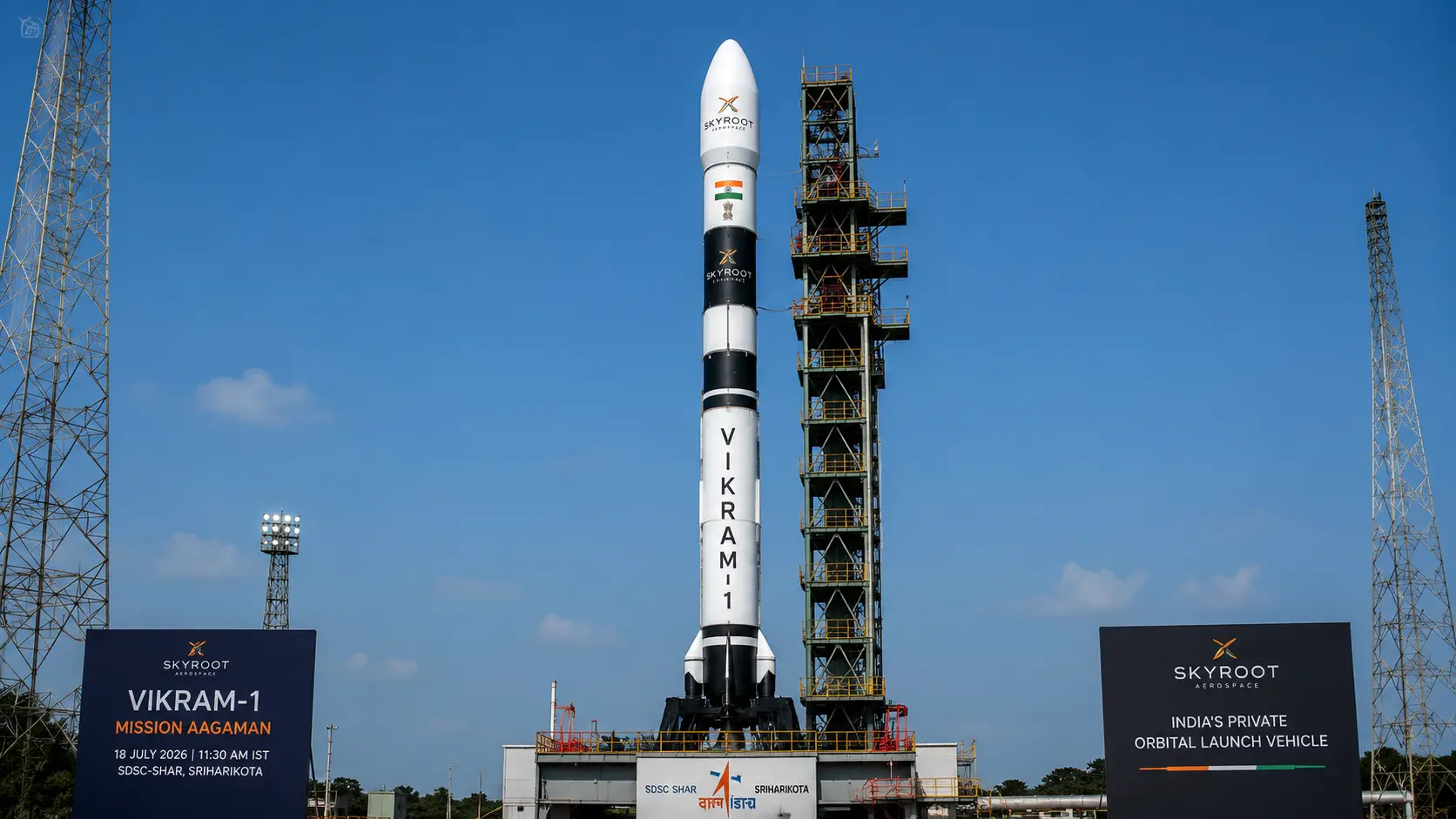A sleek, seven-story-tall multi-stage Vikram-1 rocket by Skyroot Aerospace standing vertically on the launchpad at the Sriharikota spaceport under a clear sky.