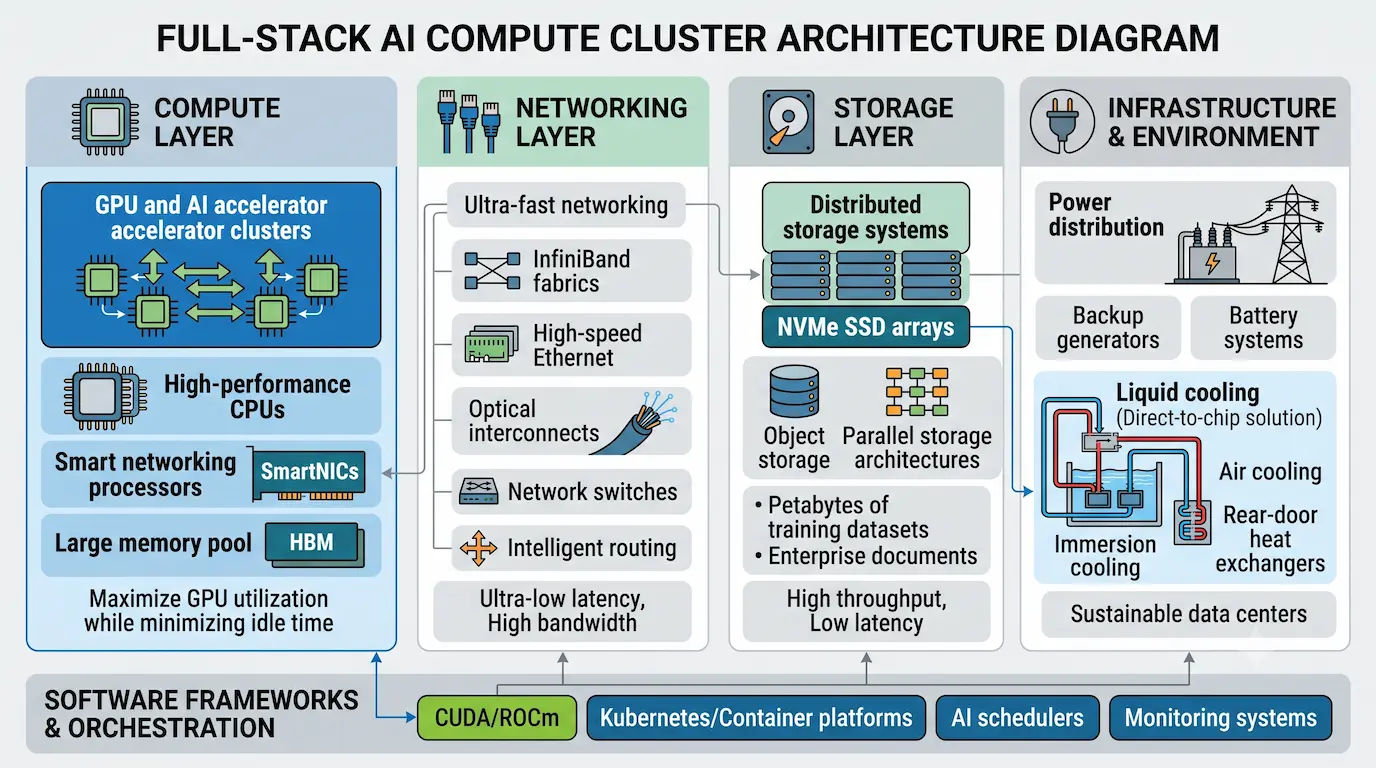 Labeled architecture diagram showing components of a full-stack AI compute cluster including GPUs, CPUs, optical networking, and liquid cooling.