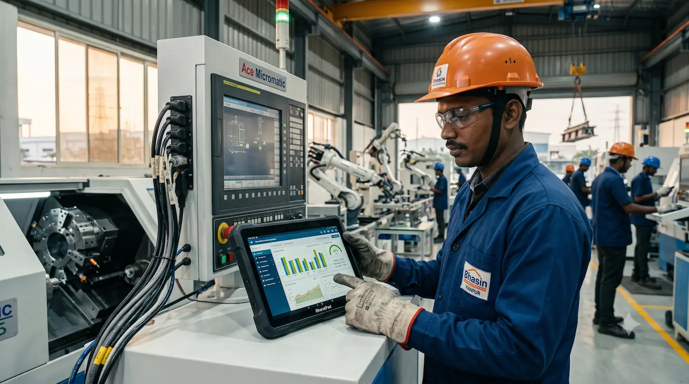 A modern manufacturing facility worker in India analyzing production metrics on a mobile tablet while standing next to computerized machinery.