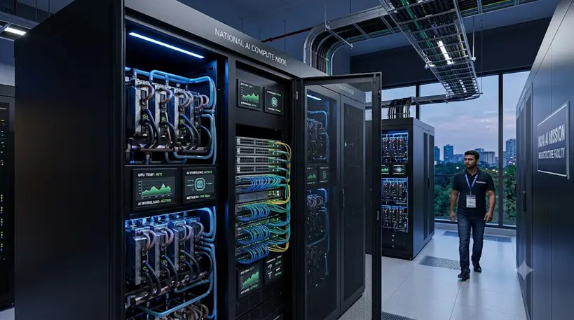 A high-tech Indian data center server rack featuring liquid-cooled GPU clusters and high-speed networking units running AI workloads.