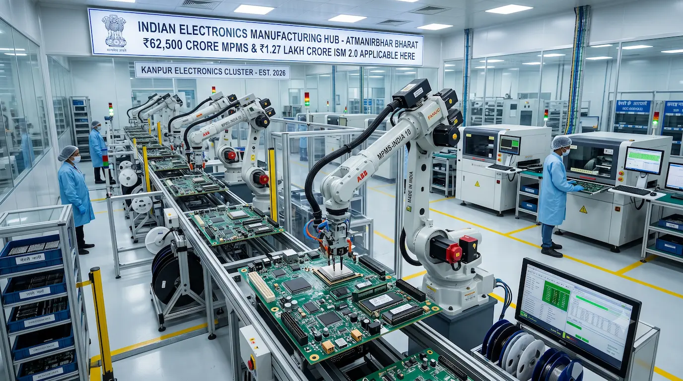 Automatic robotic arms assembling complex multi-layer printed circuit boards inside a modern Indian electronics factory.