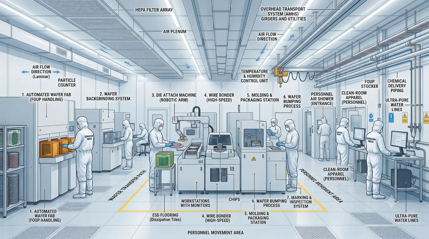 Labeled diagram illustrating a modern clean-room environment inside a semiconductor assembly and packaging facility in India.
