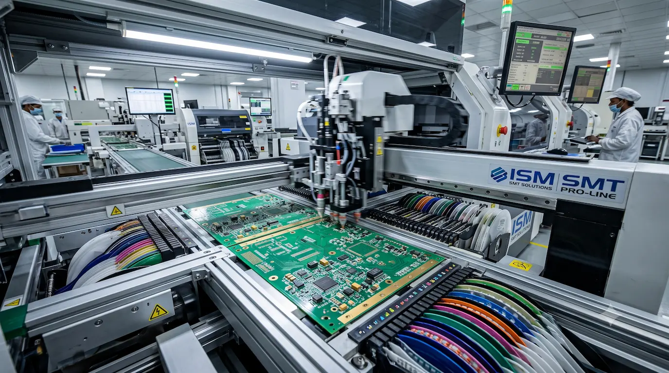 Automated surface-mount technology (SMT) line placing electronic components on a printed circuit board.