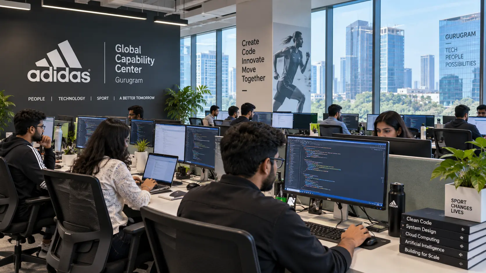 A modern technology office space in Gurugram featuring software engineers working at computer screens inside a Global Capability Center.