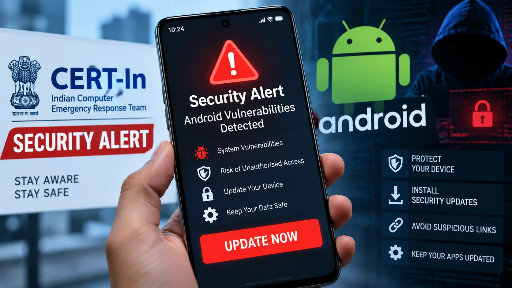 CERT-In critical security alert displayed on an Android smartphone screen warning users about system vulnerabilities.