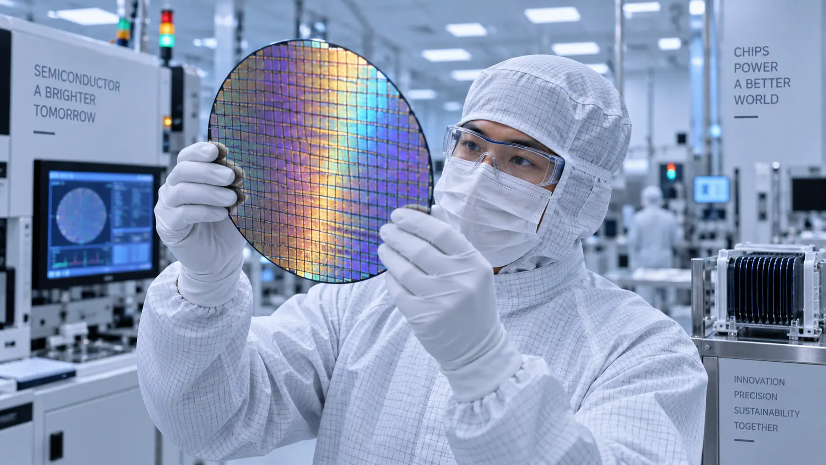 Engineer inspecting a silicon semiconductor wafer inside a high-tech cleanroom facility.