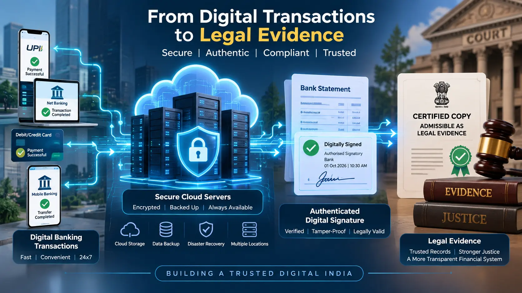 Digital banking circuit representing secure electronic cloud servers, authenticated digital signatures, and legal evidence certifications.