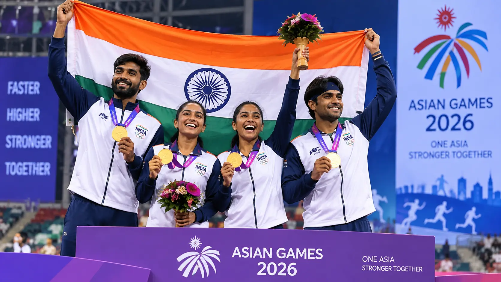 Indian athletes celebrating with the national flag at the Asian Games podium