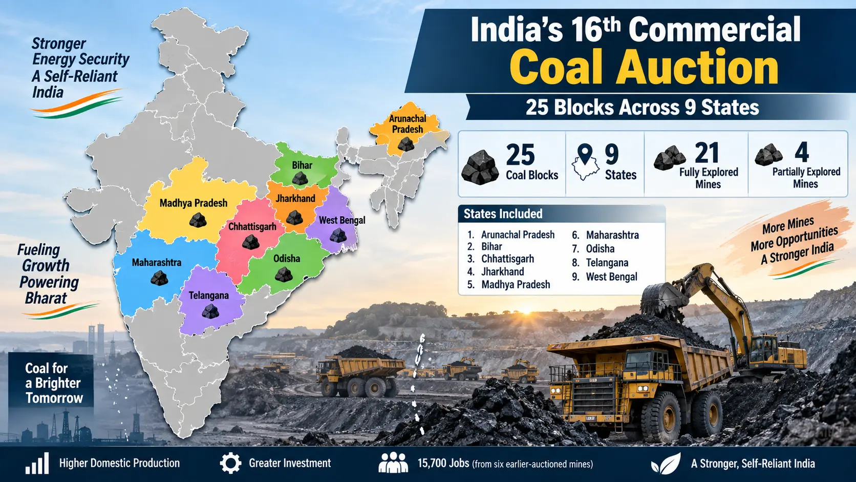 Map of India displaying coal mining regions across 9 states included in the 16th commercial auction.