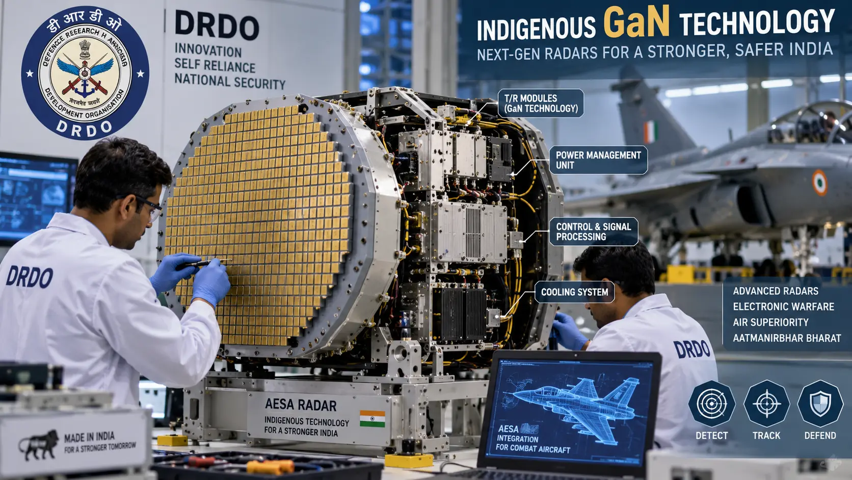 DRDO indigenous AESA radar hardware assembly highlighting modular electronic components for combat aircraft.