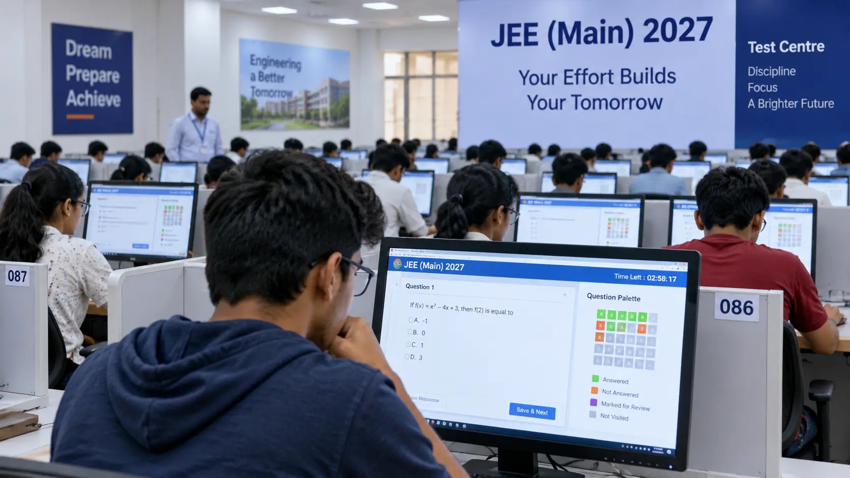 Students taking computer-based examination at JEE Main test centre.