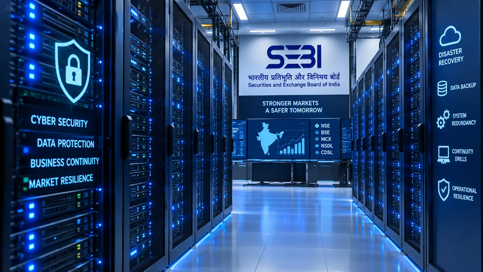 Rows of modern data center server racks illuminated by blue LED lights, representing SEBI's disaster recovery and cybersecurity infrastructure for Indian stock exchanges.
