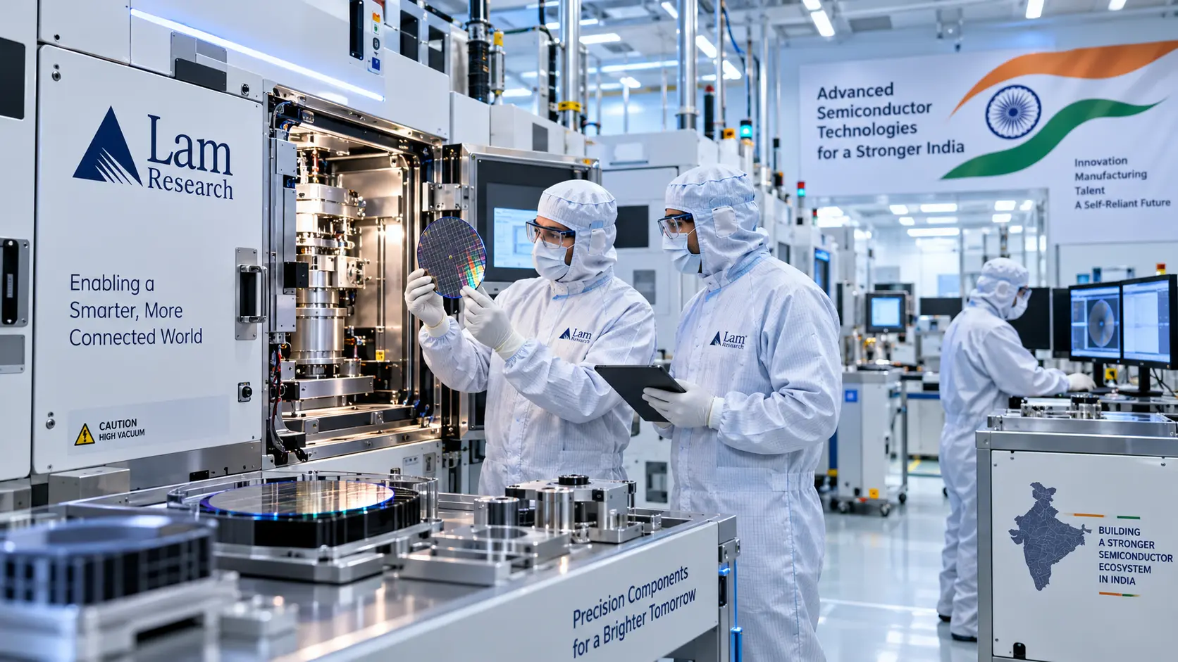 Engineers inspecting semiconductor silicon component manufacturing tools inside a high-tech cleanroom facility.