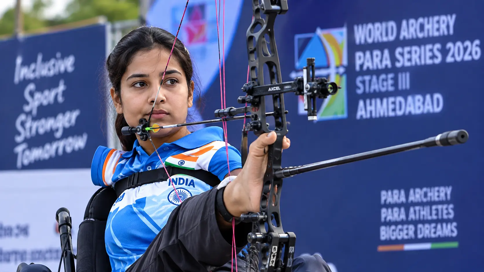 Indian para-archer Sheetal Devi aiming her compound bow during the World Archery Para Series 2026 Stage III final in Ahmedabad.
