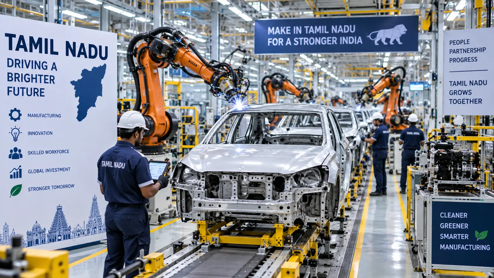 Modern automated automotive assembly line in Tamil Nadu representing the state's manufacturing growth.