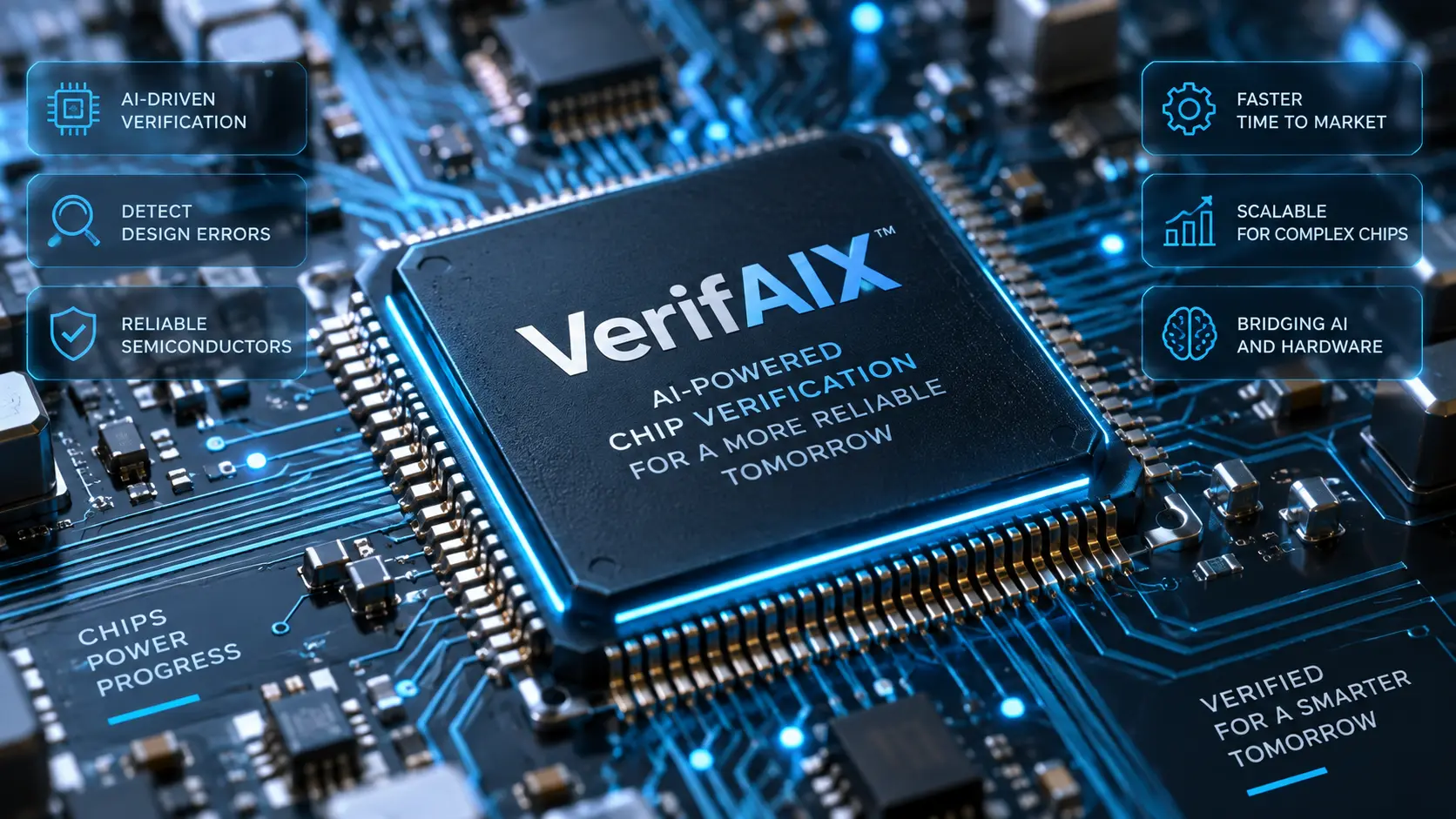 Close-up of a high-performance semiconductor microchip on a circuit board, representing VerifAIX’s AI-powered hardware verification technology.