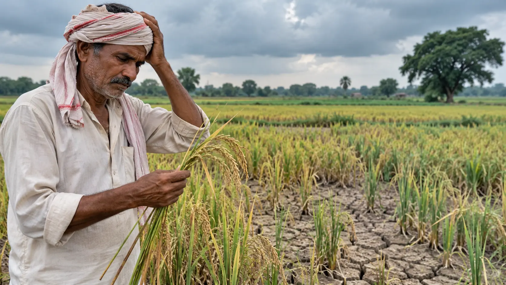 A Indian farmer standing in a rain-stressed rice field in rural India, reflecting monsoon deficits and crop yield challenges in 2026.