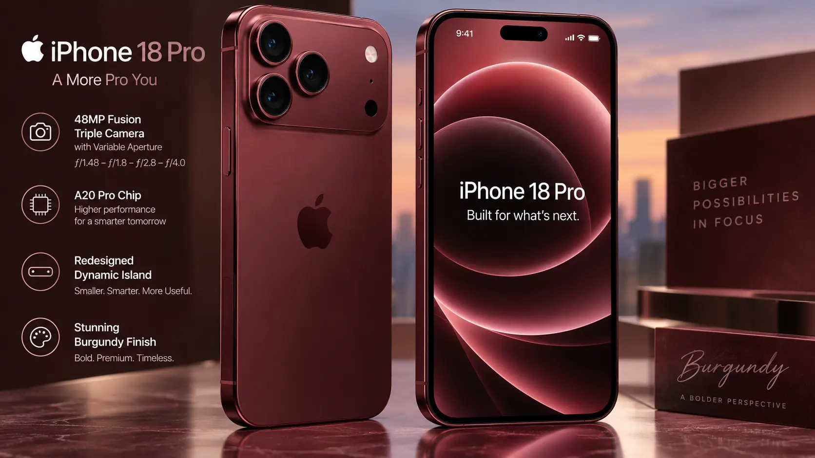 Front and back view of the Apple iPhone 18 Pro in Burgundy finish showcasing the variable aperture triple camera array and redesigned Dynamic Island.