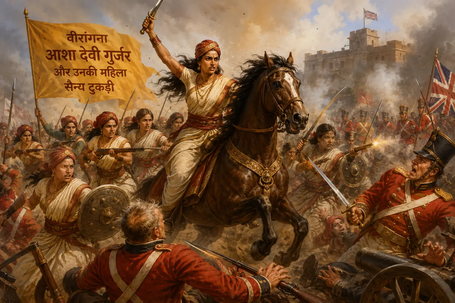 1857 के स्वतंत्रता संग्राम की वीरांगना आशा देवी गुर्जर और उनकी महिला सैन्य टुकड़ी का अंग्रेजों से युद्ध करता हुआ कलात्मक चित्रण