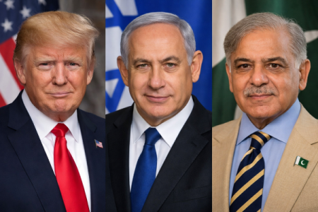 डोनाल्ड ट्रंप, बेंजामिन नेतन्याहू और शहबाज शरीफ की कोलाज फोटो