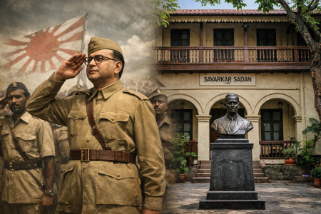 आजाद हिंद फौज का ऐतिहासिक दृश्य व सावरकर सदन, मुंबई का चित्र