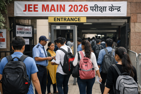 JEE Main 2026 परीक्षा केंद्र पर प्रवेश करते छात्र