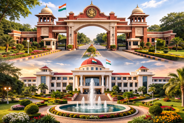 छत्रपति शाहूजी महाराज विश्वविद्यालय कानपुर का मुख्य द्वार और प्रशासनिक भवन।